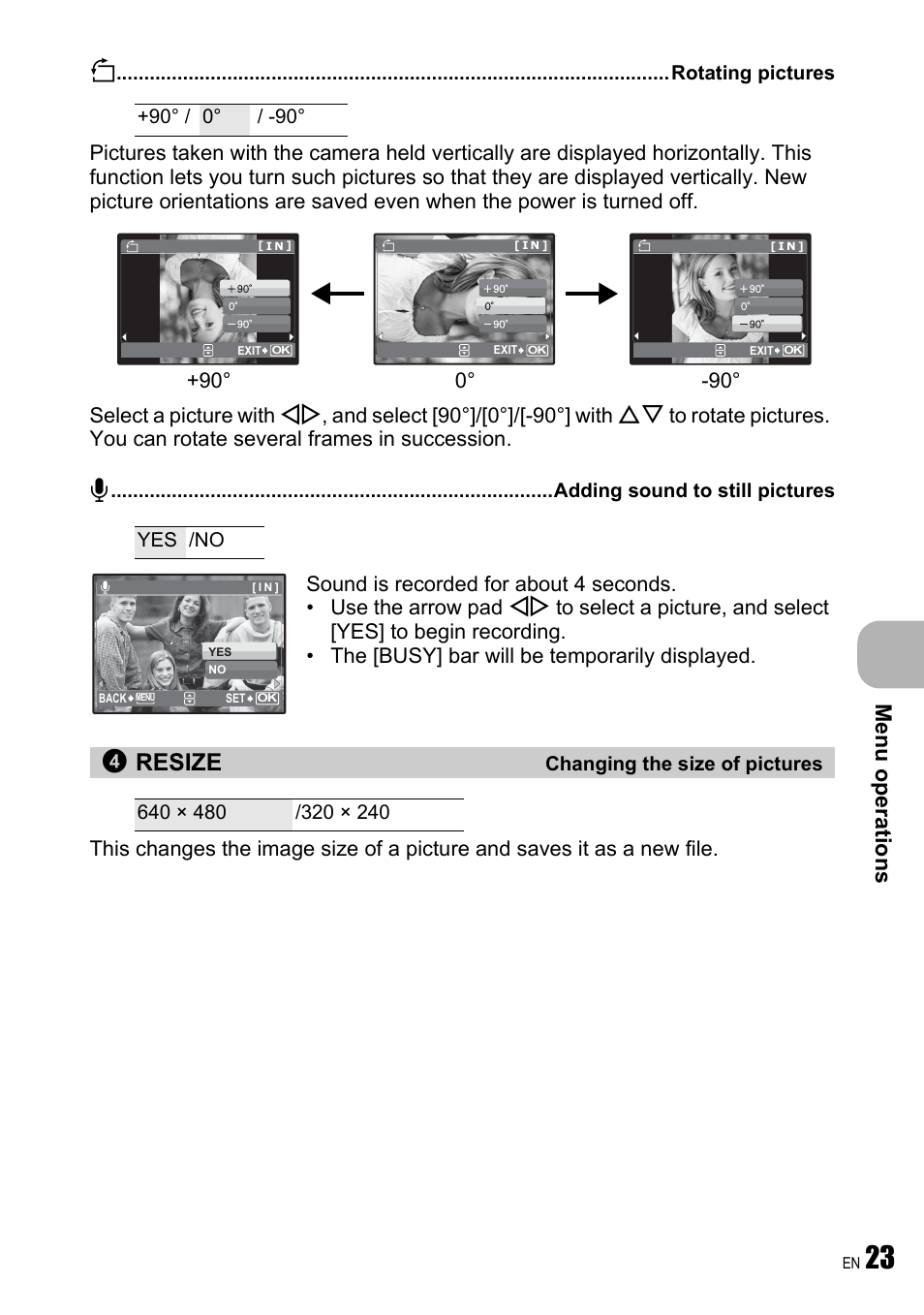 Rotating pictures, Adding sound to still pictures, Changing the size of pictures | Resize, Me nu operati o ns | Olympus FE-240 User Manual | Page 23 / 75