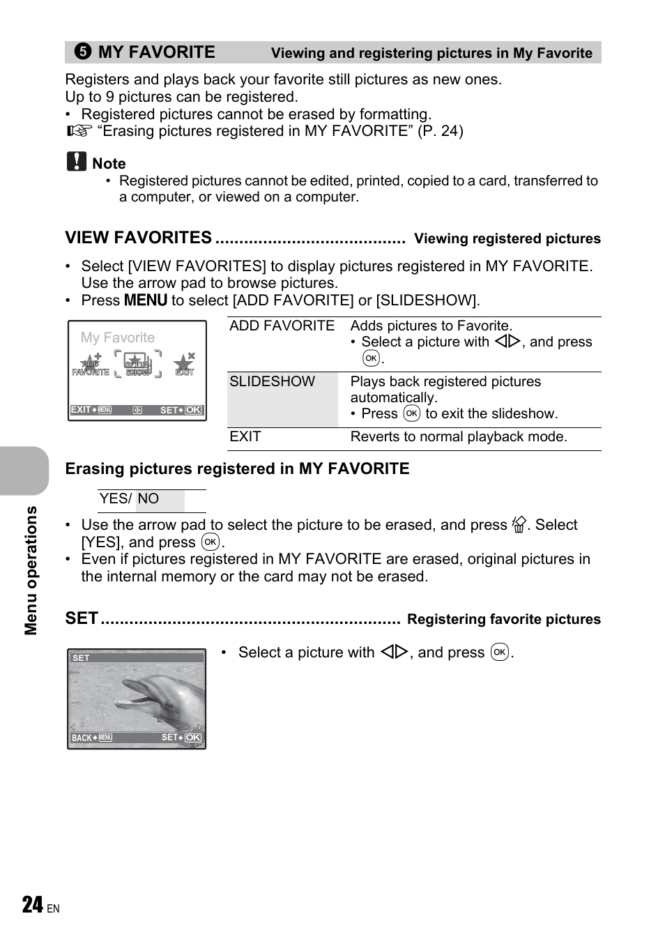 Viewing and registering pictures in my favorite, Viewing registered pictures, Registering favorite pictures | My favorite, View favorites, Menu operations, Erasing pictures registered in my favorite | Olympus FE-240 User Manual | Page 24 / 75