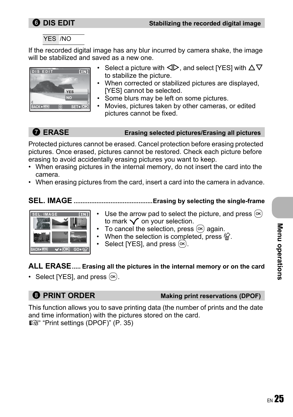 Stabilizing the recorded digital image, Erasing selected pictures/erasing all pictures, Erasing by selecting the single-frame | Making print reservations (dpof), Dis edit, Erase, Sel. image, All erase, Print order, Me nu operati o ns | Olympus FE-240 User Manual | Page 25 / 75