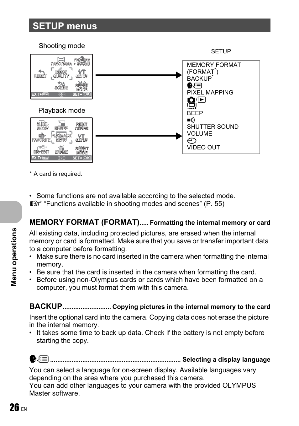 Setup menus, Formatting the internal memory or card, Selecting a display language | Backup, Menu operations, Playback mode shooting mode | Olympus FE-240 User Manual | Page 26 / 75