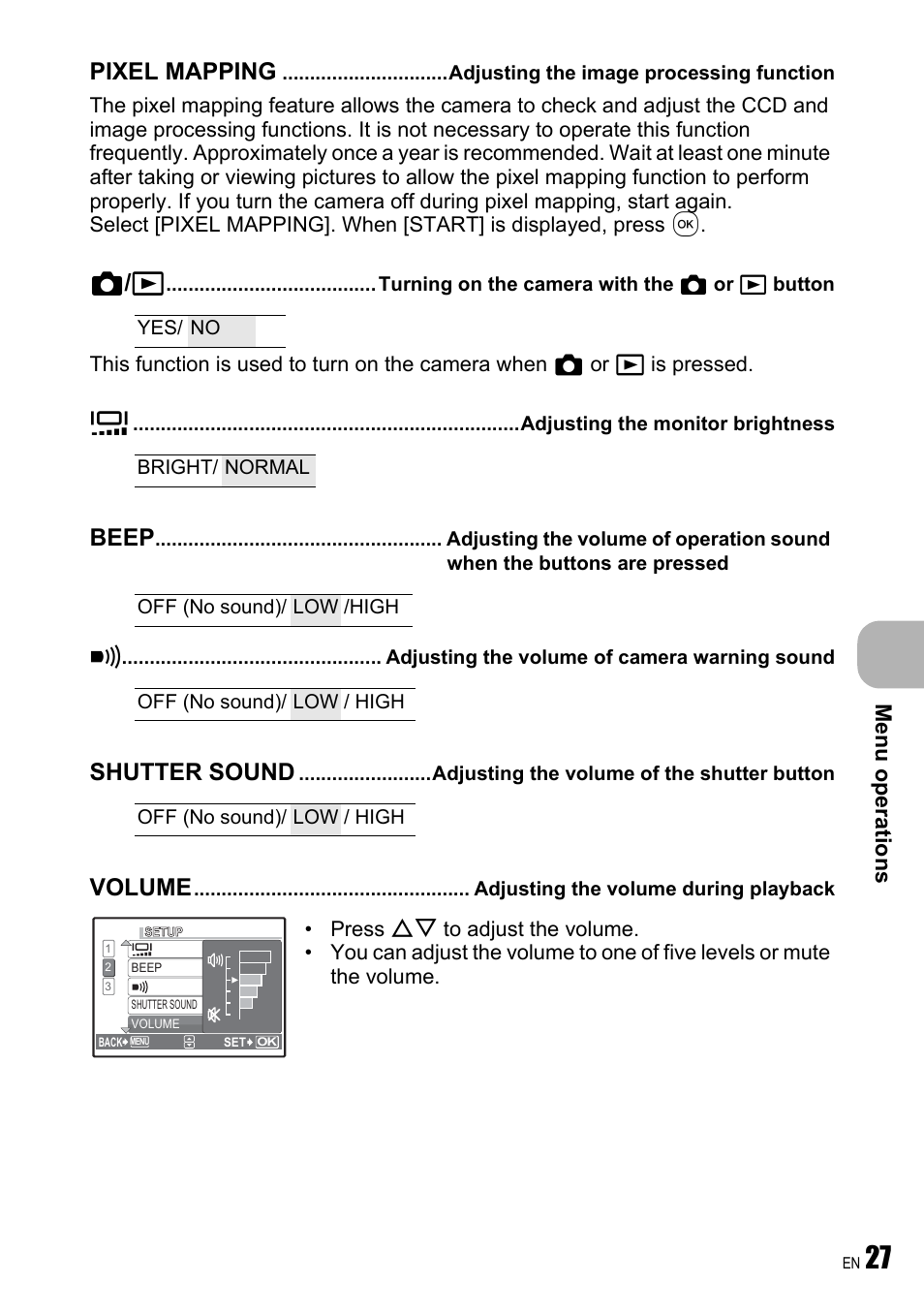 Adjusting the image processing function, Adjusting the monitor brightness, Adjusting the volume of camera warning sound | Adjusting the volume of the shutter button, Adjusting the volume during playback, Pixel mapping, K / q, Beep, Shutter sound, Volume | Olympus FE-240 User Manual | Page 27 / 75