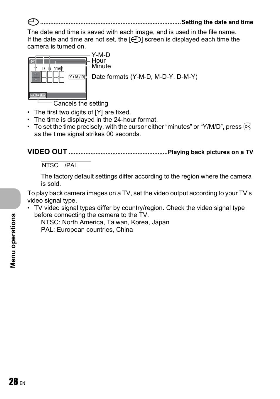 Setting the date and time, Playing back pictures on a tv, Video out | Menu operations | Olympus FE-240 User Manual | Page 28 / 75