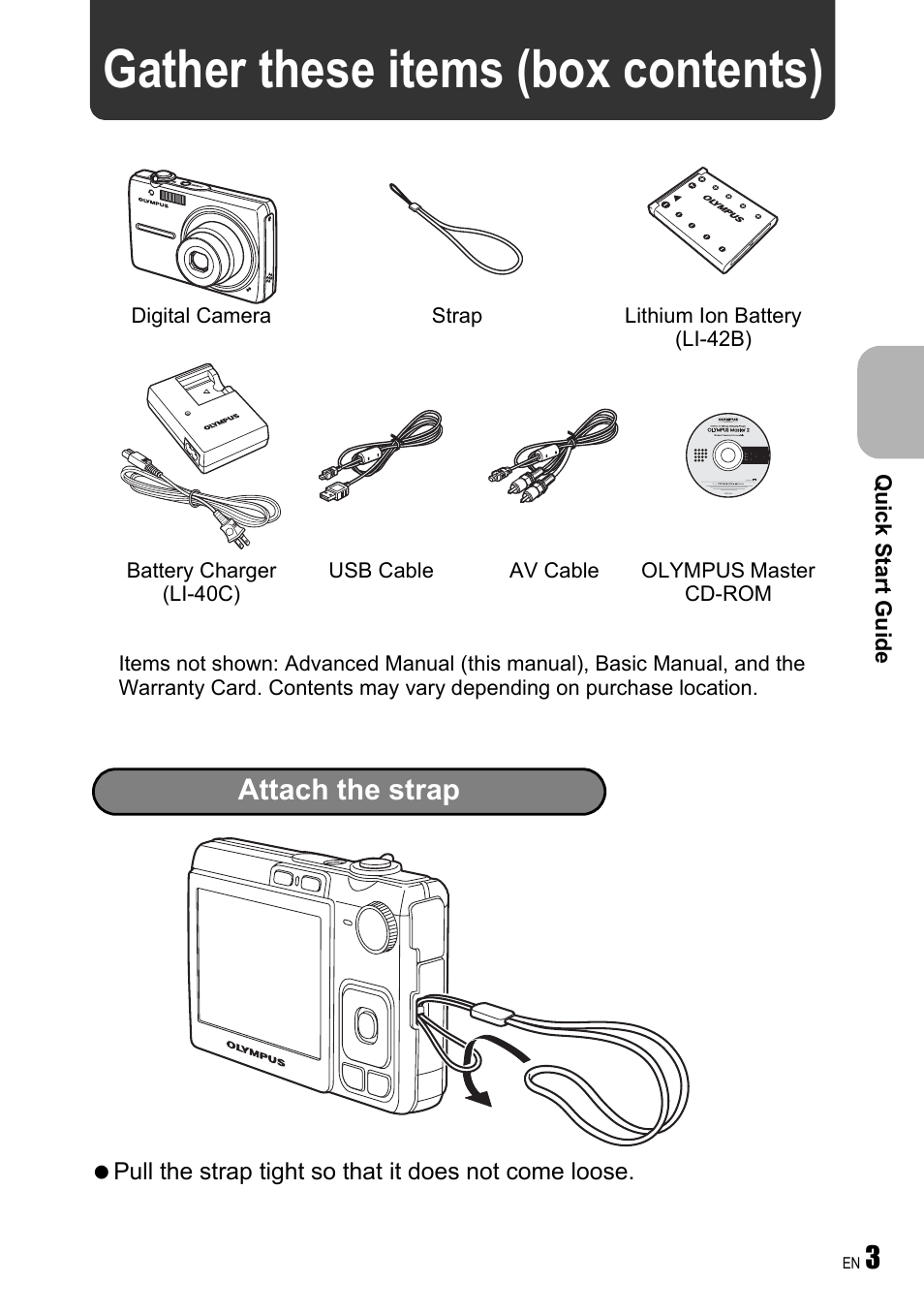 Quick start guide, P. 3, Gather these items (box contents) | Attach the strap | Olympus FE-240 User Manual | Page 3 / 75