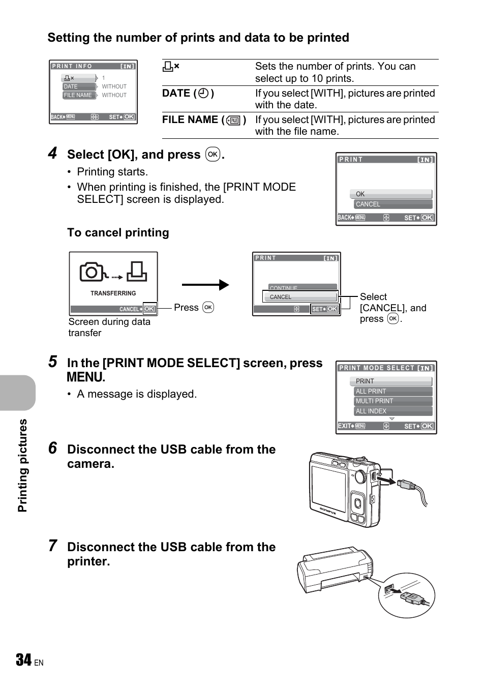 Select [ok], and press, Disconnect the usb cable from the camera, Prin tin g pi ctures | A message is displayed | Olympus FE-240 User Manual | Page 34 / 75