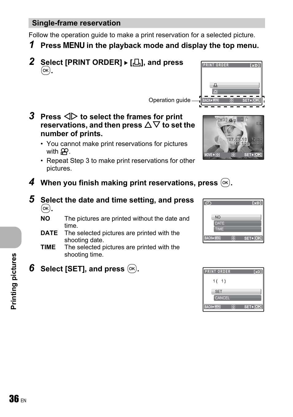 Single-frame reservation, Select [print order] [ < ], and press, When you finish making print reservations, press | Select the date and time setting, and press, Prin tin g pi ctures | Olympus FE-240 User Manual | Page 36 / 75