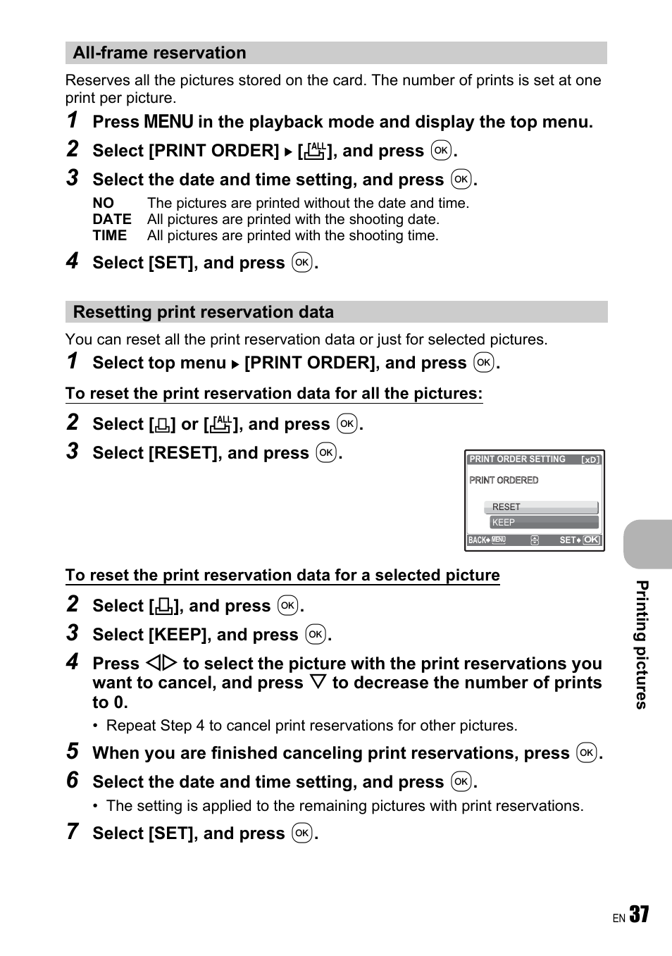 All-frame reservation, Resetting print reservation data | Olympus FE-240 User Manual | Page 37 / 75
