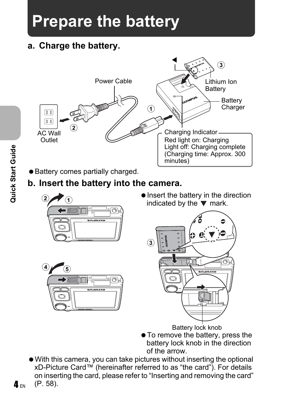 Prepare the battery, A. charge the battery, B. insert the battery into the camera | Olympus FE-240 User Manual | Page 4 / 75