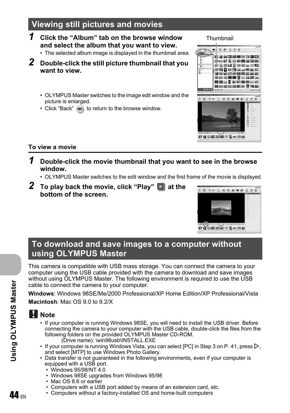 Viewing still pictures and movies | Olympus FE-240 User Manual | Page 44 / 75