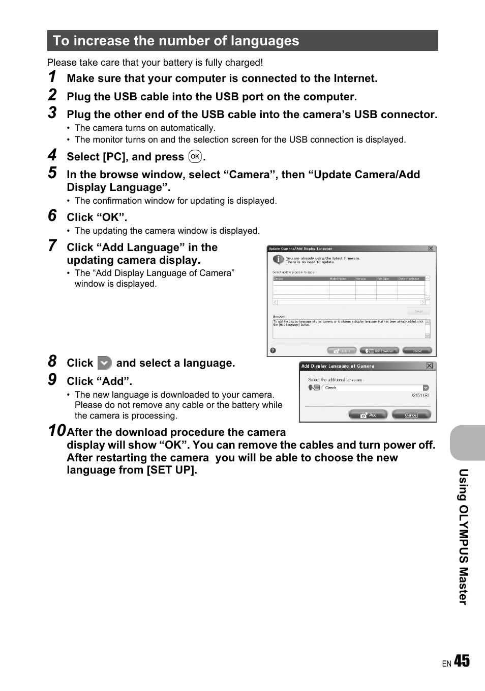 To increase the number of languages | Olympus FE-240 User Manual | Page 45 / 75