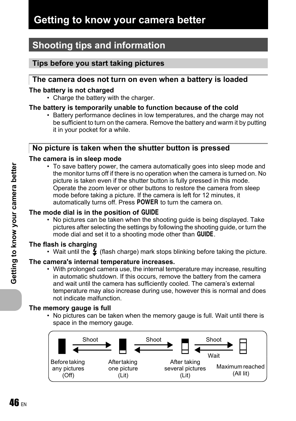 Getting to know your camera better, Shooting tips and information, Tips before you start taking pictures | Getting to know your, Camera better, P. 46, A b c d | Olympus FE-240 User Manual | Page 46 / 75
