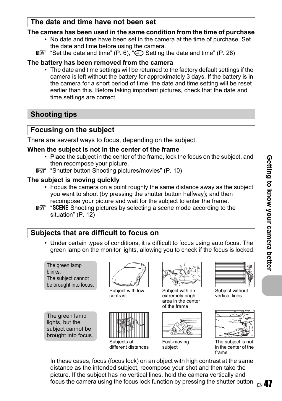 The date and time have not been set, Shooting tips, Focusing on the subject | Subjects that are difficult to focus on, Getting to know your came ra better | Olympus FE-240 User Manual | Page 47 / 75
