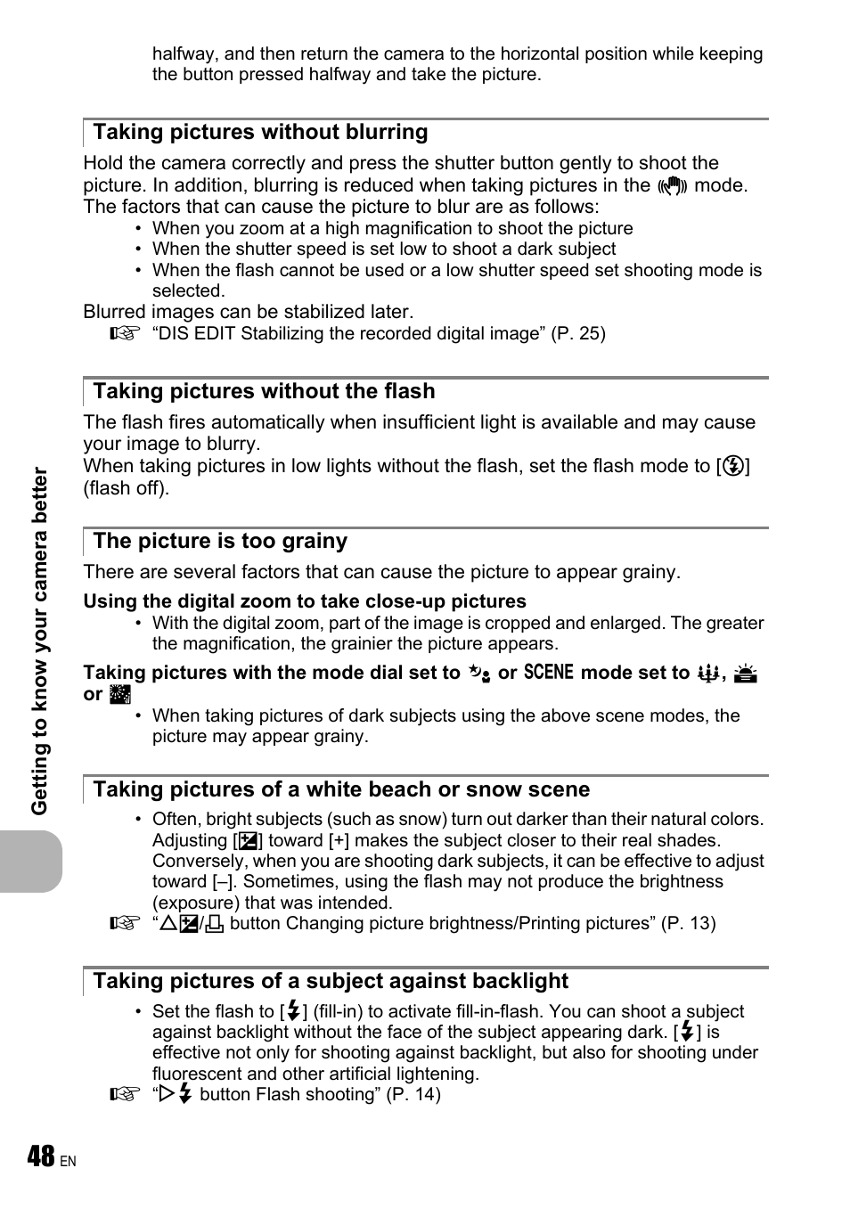 Taking pictures without blurring, Taking pictures without the flash, The picture is too grainy | Taking pictures of a white beach or snow scene, Taking pictures of a subject against backlight | Olympus FE-240 User Manual | Page 48 / 75