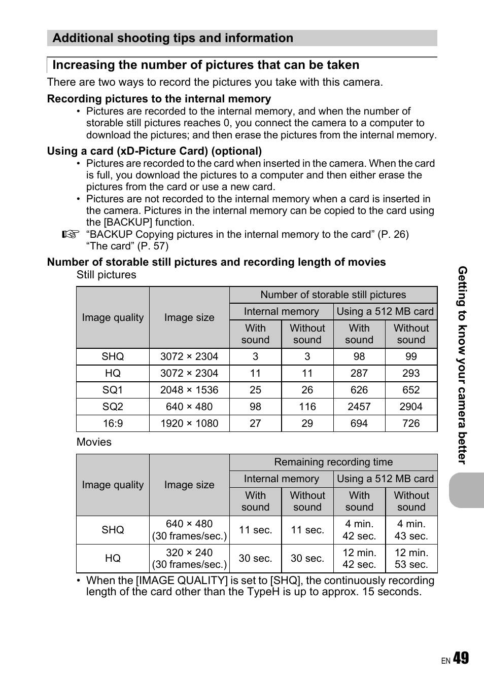Additional shooting tips and information | Olympus FE-240 User Manual | Page 49 / 75