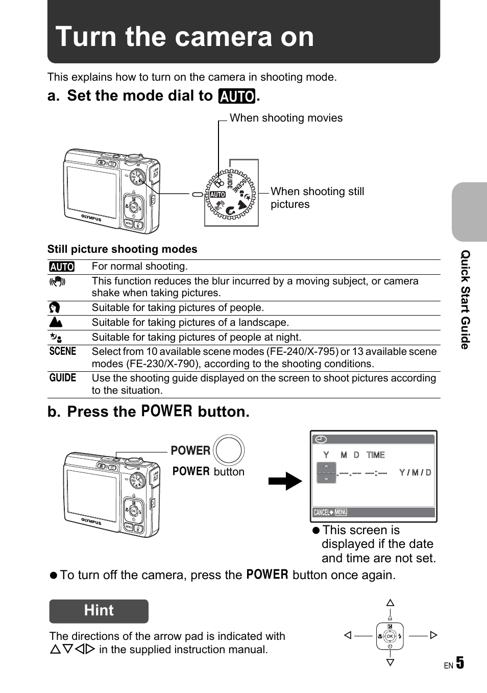 Turn the camera on, A. set the mode dial to h, B. press the o button | Hint | Olympus FE-240 User Manual | Page 5 / 75