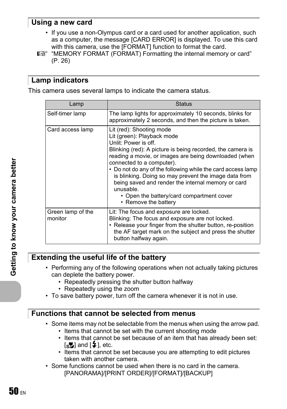 Using a new card, Lamp indicators, Extending the useful life of the battery | Functions that cannot be selected from menus | Olympus FE-240 User Manual | Page 50 / 75