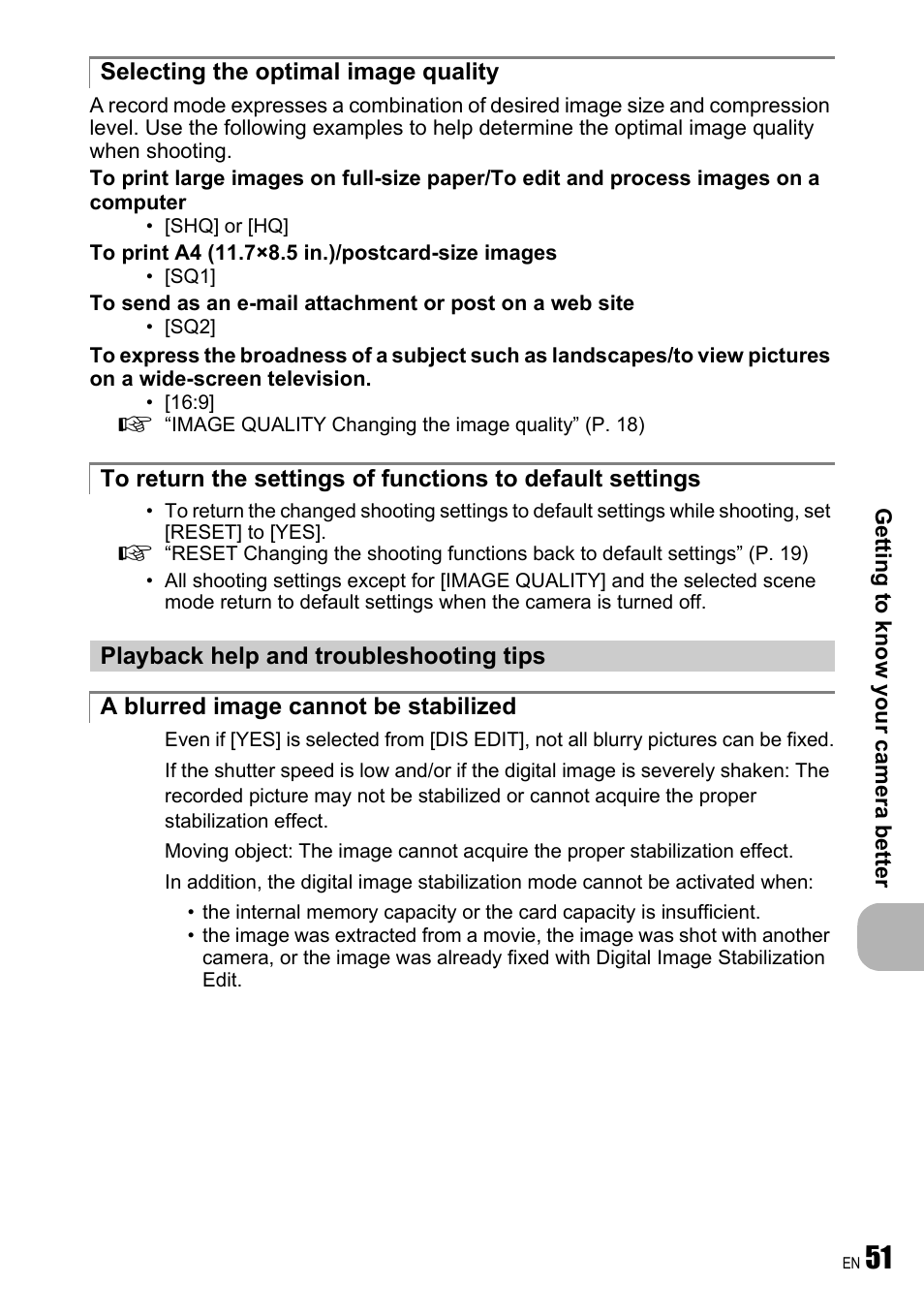 Selecting the optimal image quality, Playback help and troubleshooting tips, A blurred image cannot be stabilized | Olympus FE-240 User Manual | Page 51 / 75