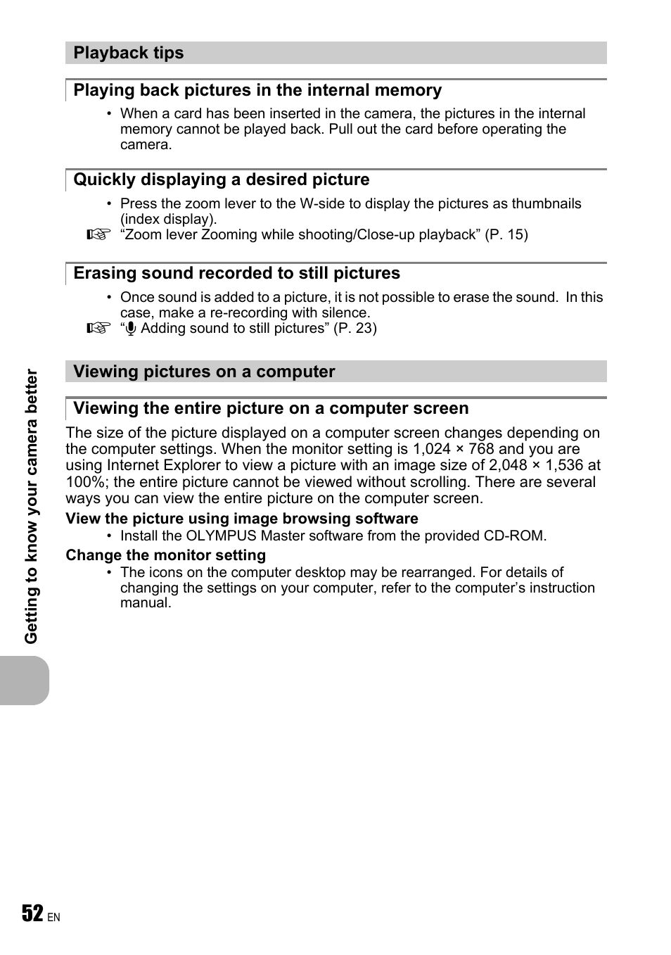 Playback tips, Playing back pictures in the internal memory, Quickly displaying a desired picture | Erasing sound recorded to still pictures, Viewing pictures on a computer, Viewing the entire picture on a computer screen | Olympus FE-240 User Manual | Page 52 / 75
