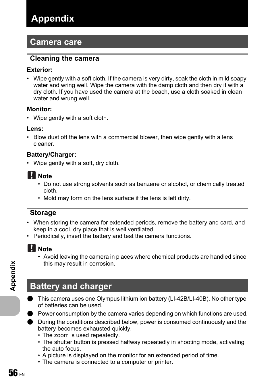 Appendix, Camera care, Battery and charger | P. 56 | Olympus FE-240 User Manual | Page 56 / 75