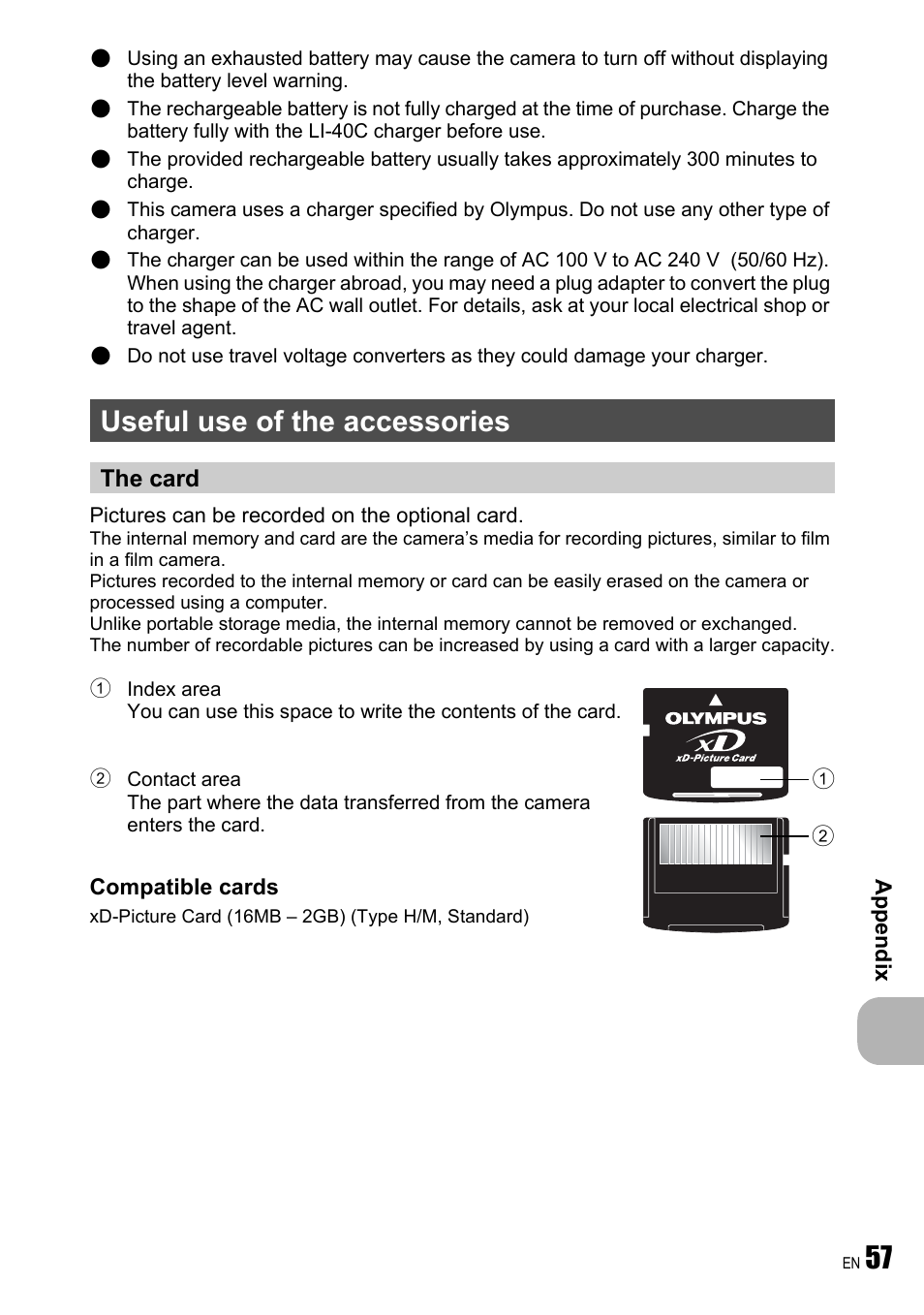 Useful use of the accessories, The card | Olympus FE-240 User Manual | Page 57 / 75
