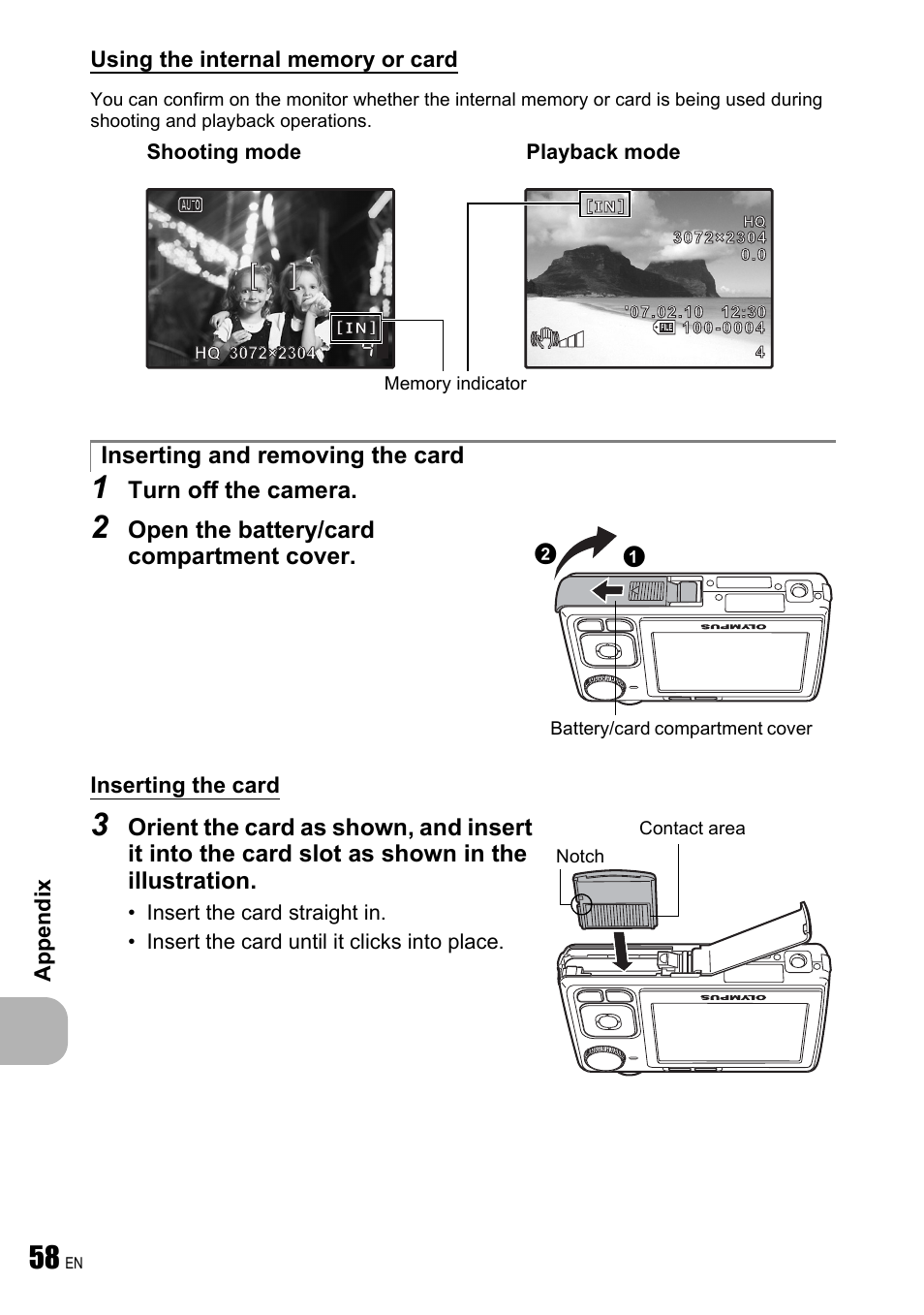 Turn off the camera, Open the battery/card compartment cover, Inserting and removing the card | Olympus FE-240 User Manual | Page 58 / 75