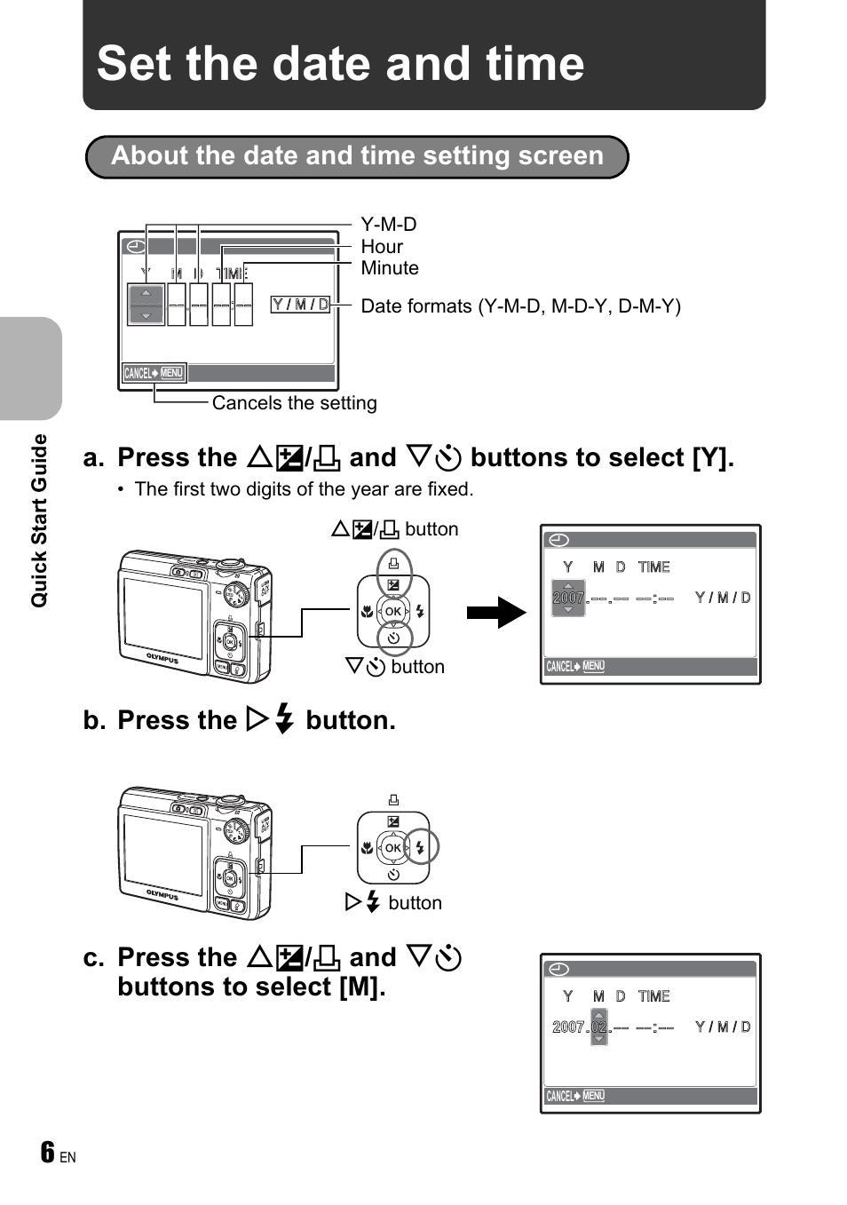 Set the date and time, A. press the of / < and ny buttons to select [y | Olympus FE-240 User Manual | Page 6 / 75