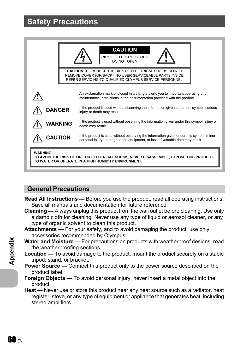 Safety precautions, General precautions, Ap pe ndi x | Olympus FE-240 User Manual | Page 60 / 75