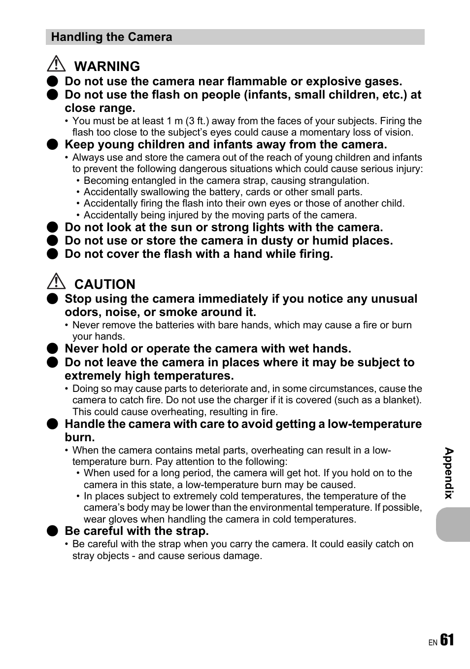 Handling the camera, Warning, Caution | Olympus FE-240 User Manual | Page 61 / 75
