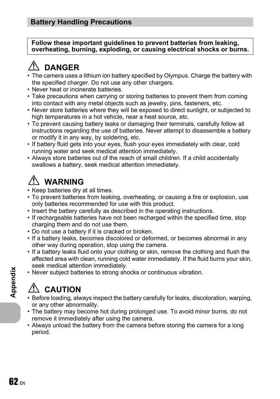 Battery handling precautions, Danger, Warning | Caution | Olympus FE-240 User Manual | Page 62 / 75