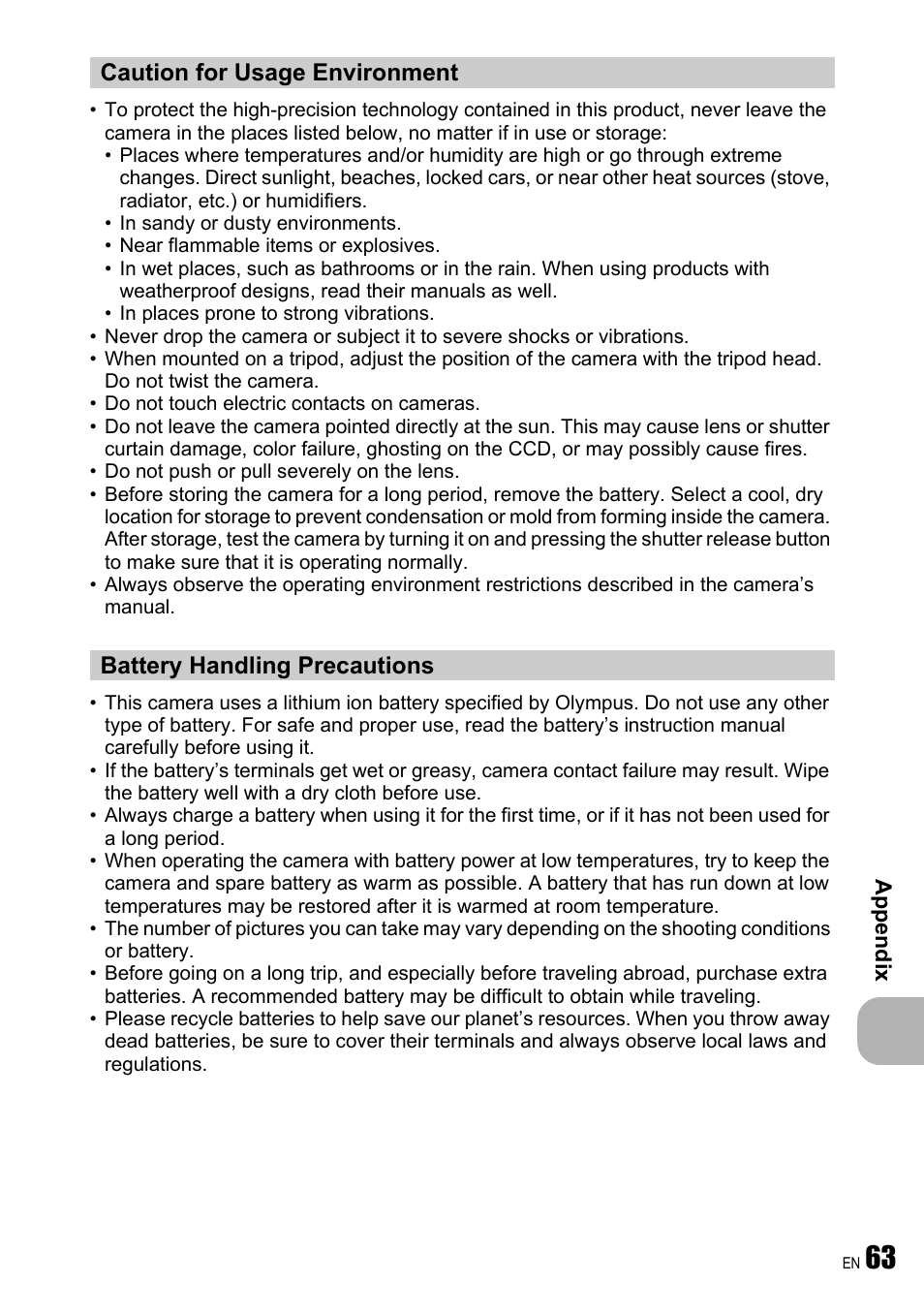 Caution for usage environment, Battery handling precautions | Olympus FE-240 User Manual | Page 63 / 75