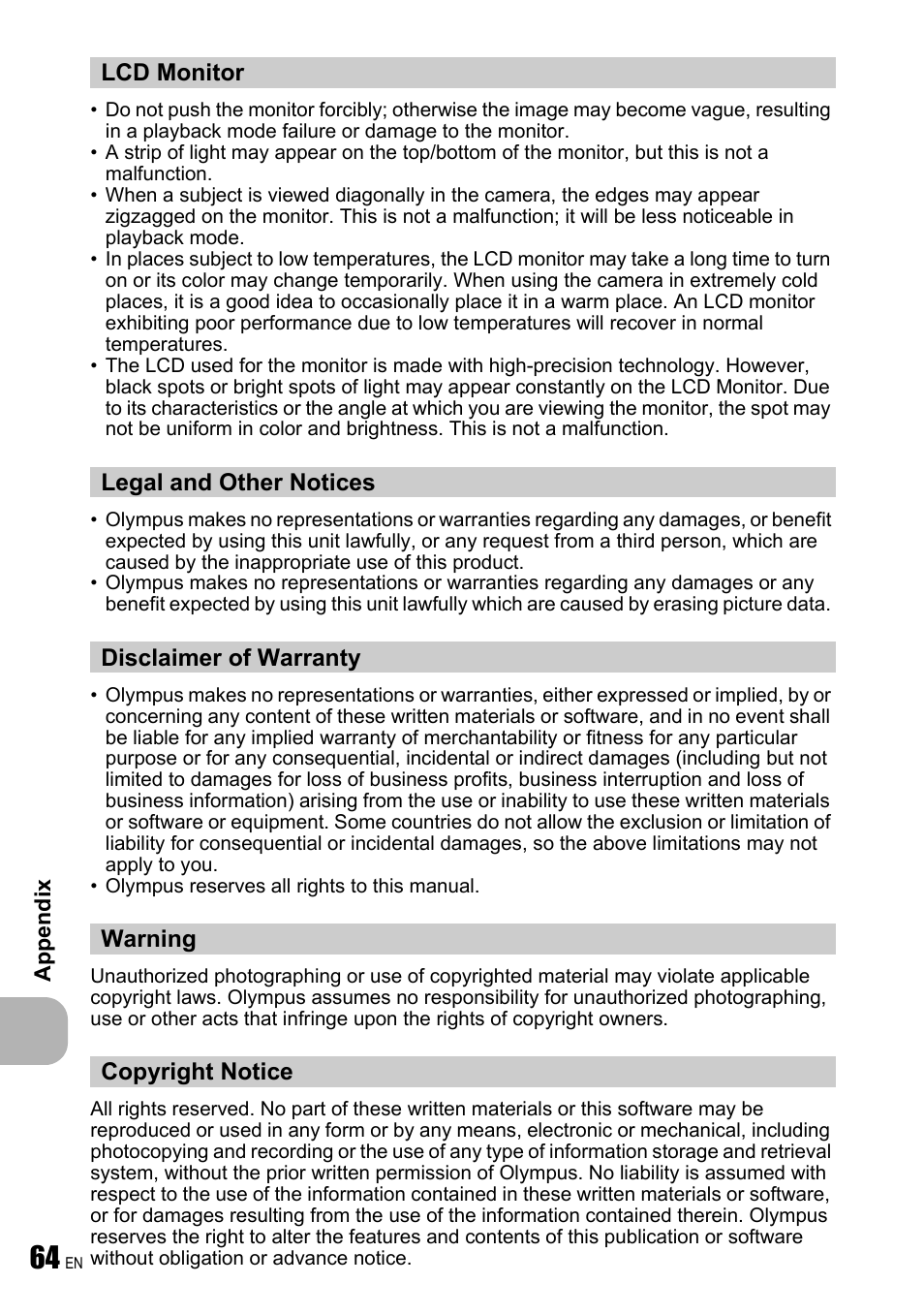Lcd monitor, Legal and other notices, Disclaimer of warranty | Warning, Copyright notice | Olympus FE-240 User Manual | Page 64 / 75