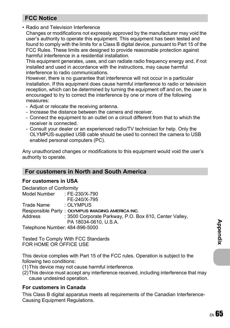 Fcc notice, For customers in north and south america | Olympus FE-240 User Manual | Page 65 / 75