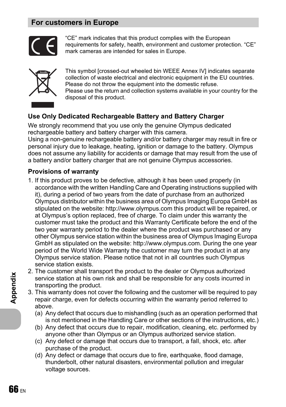 For customers in europe | Olympus FE-240 User Manual | Page 66 / 75
