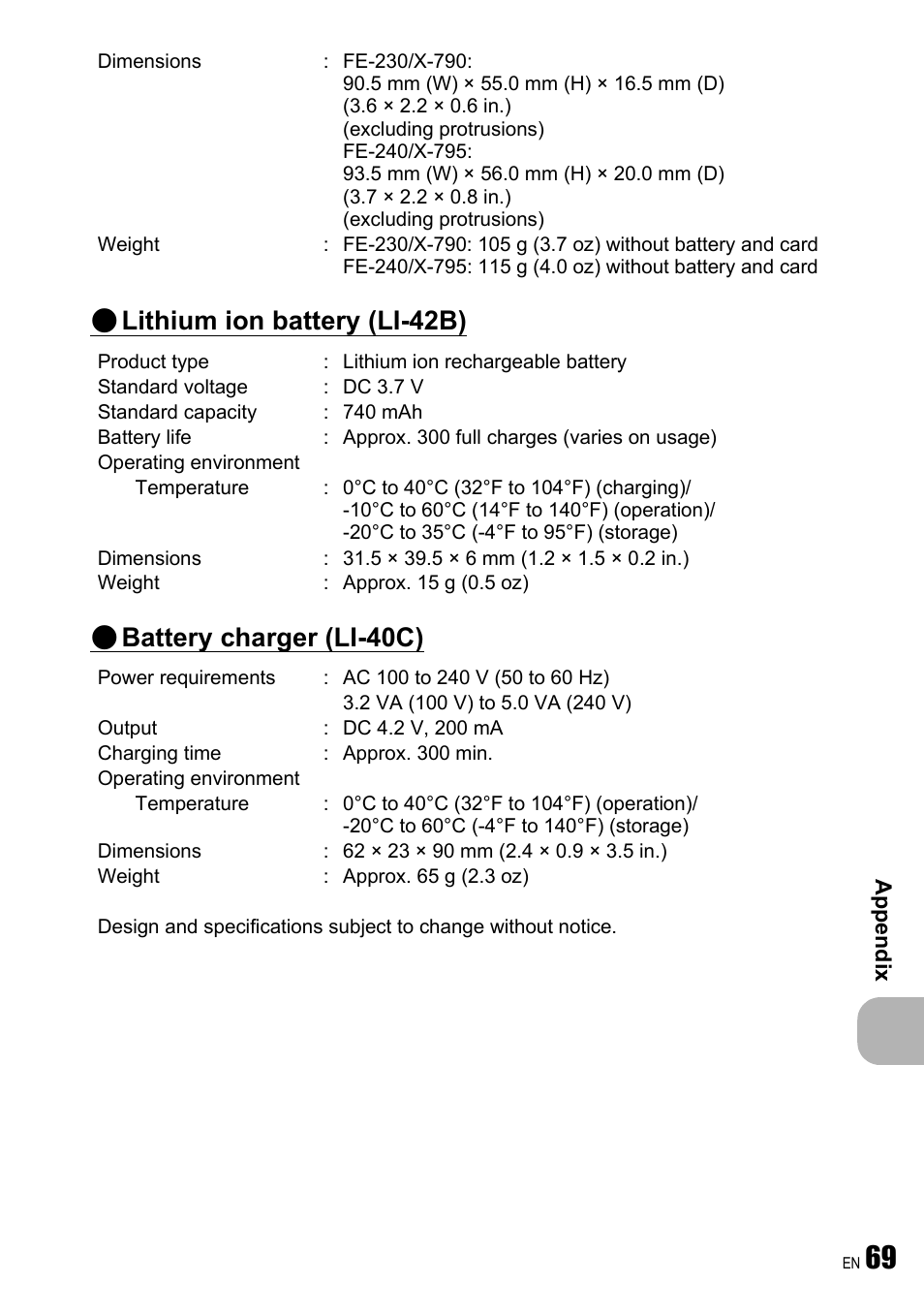 Lithium ion battery (li-42b), Battery charger (li-40c) | Olympus FE-240 User Manual | Page 69 / 75