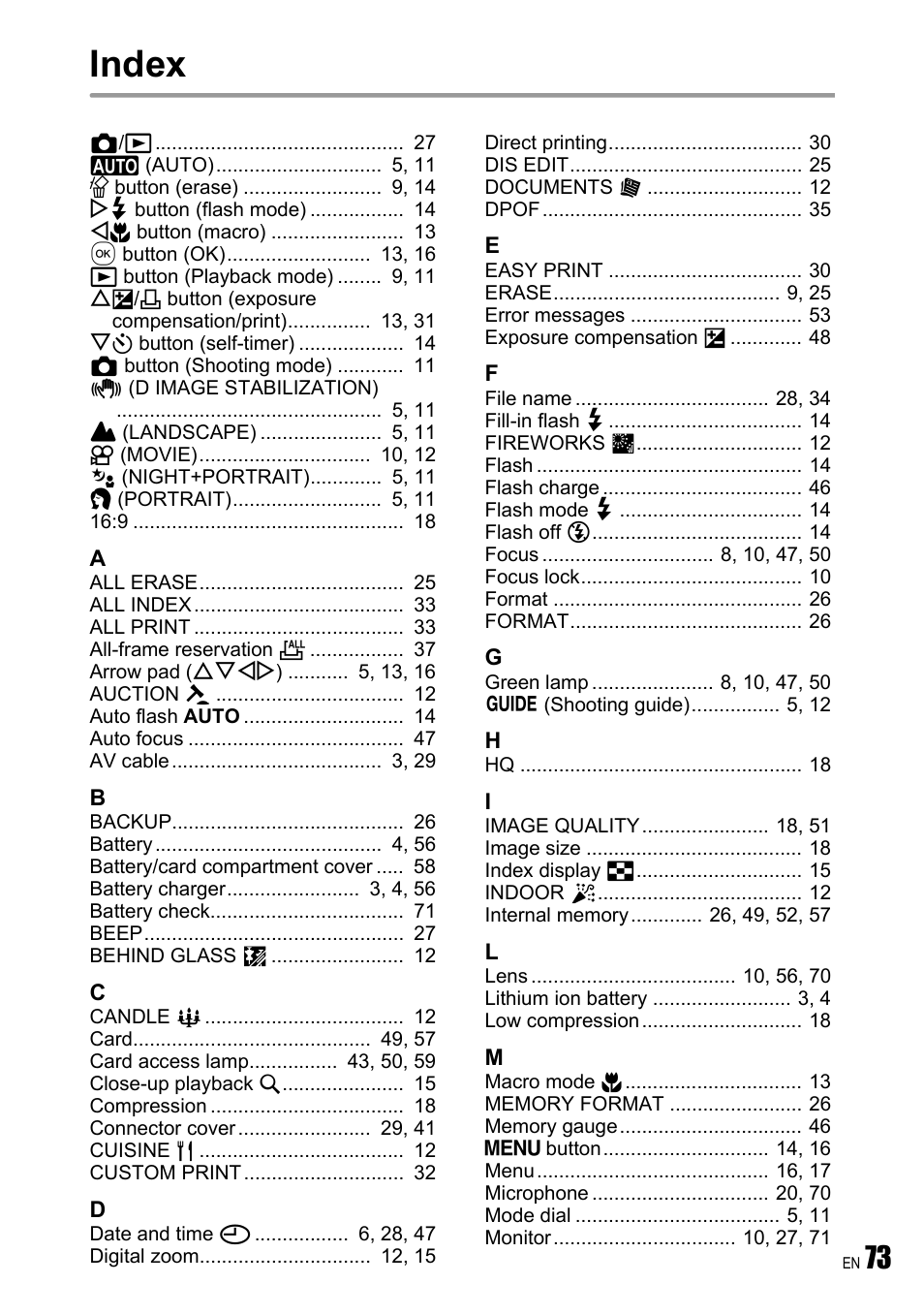 Index | Olympus FE-240 User Manual | Page 73 / 75