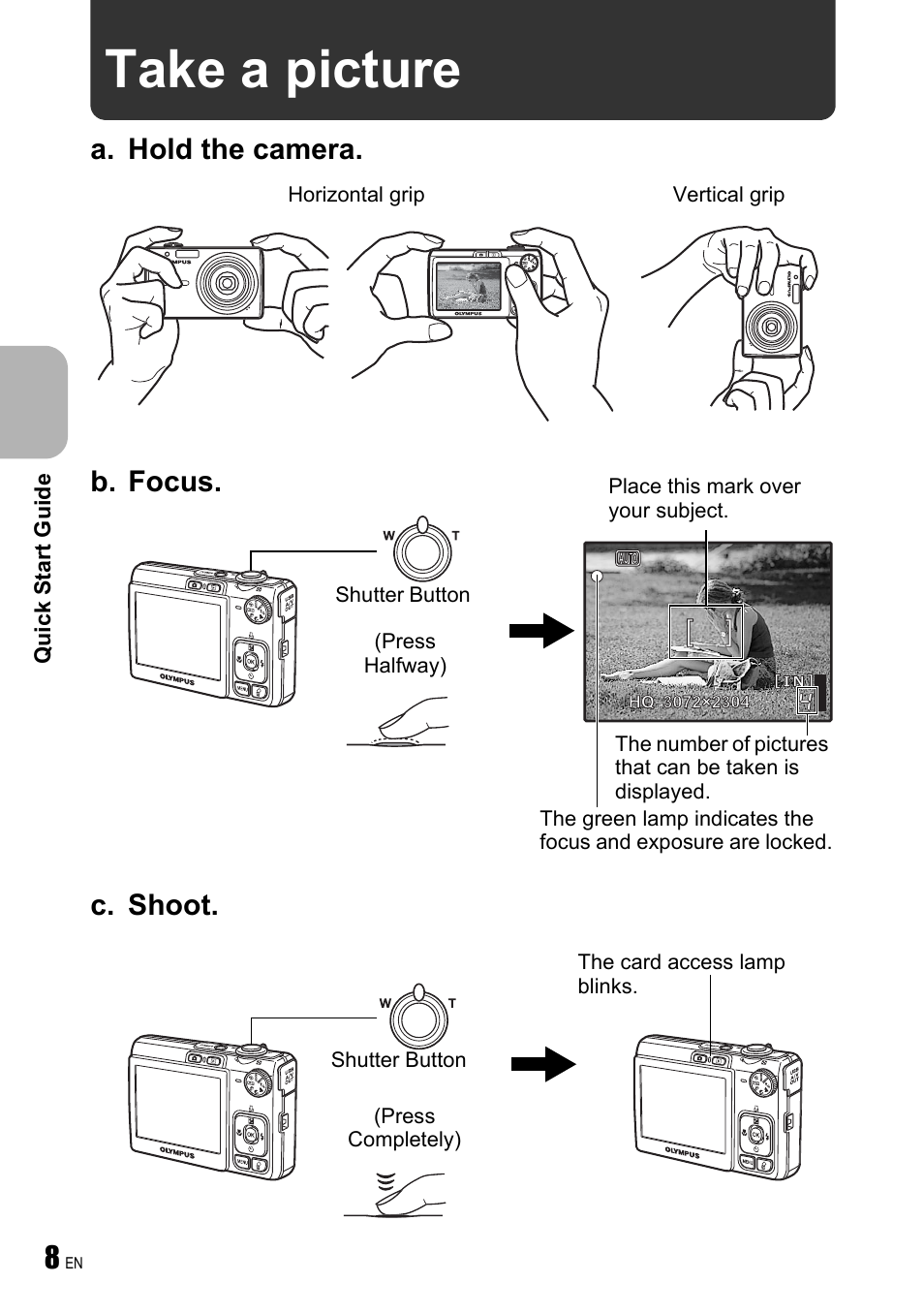Take a picture, A. hold the camera. c. shoot, B. focus | Olympus FE-240 User Manual | Page 8 / 75