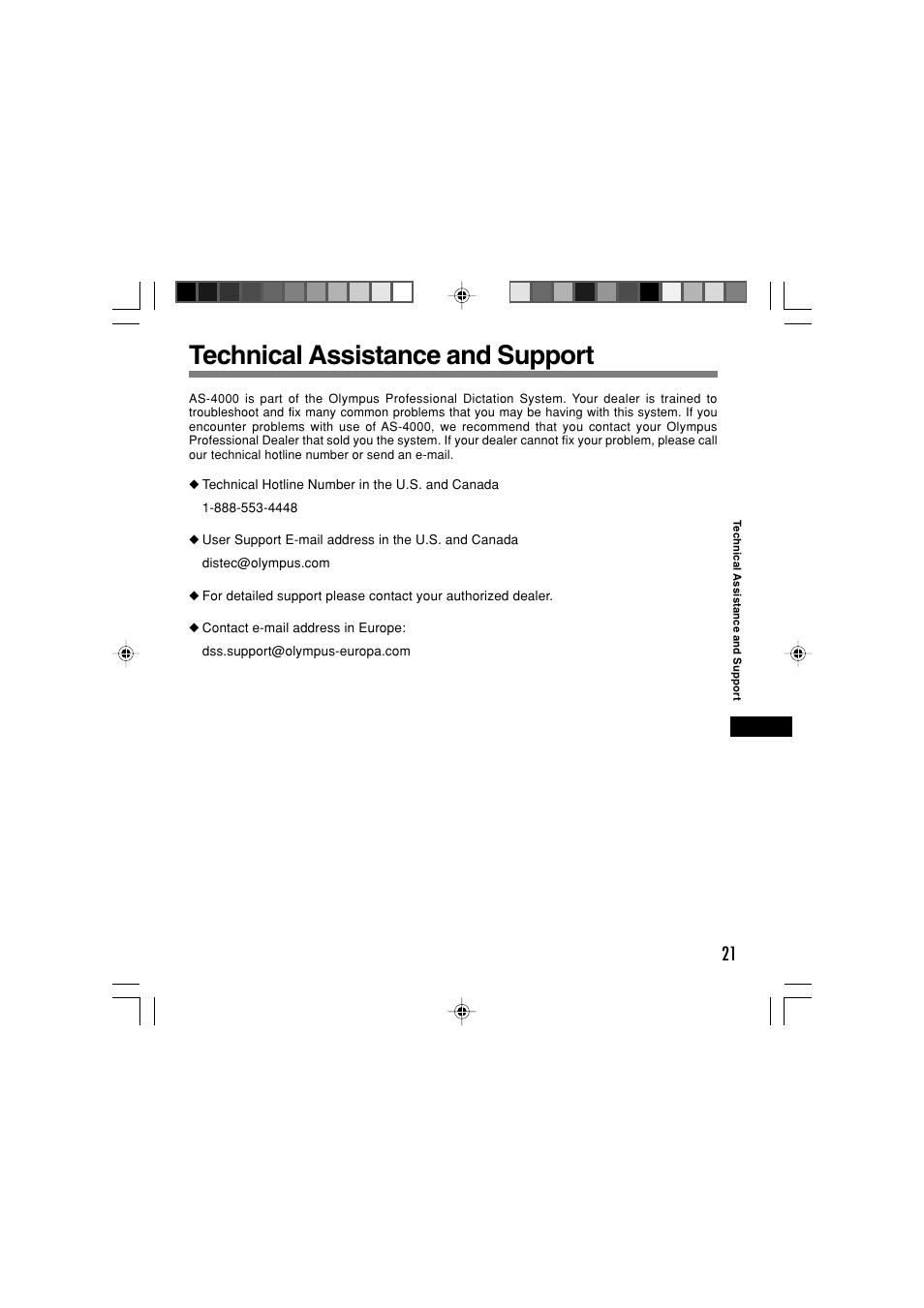 Technical assistance and support | Olympus AS-4000 User Manual | Page 21 / 24