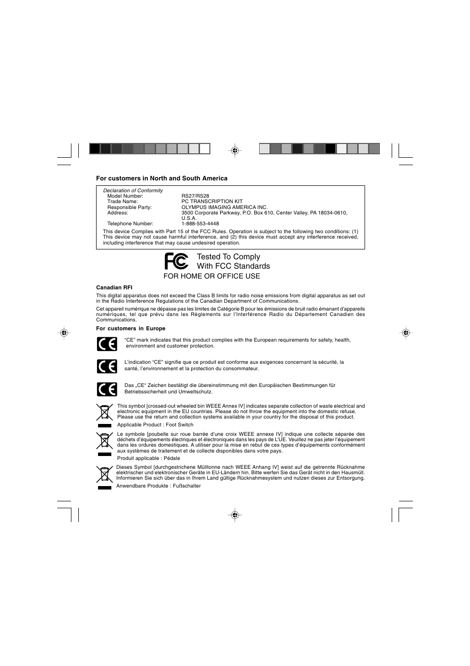 Tested to comply with fcc standards, For home or office use | Olympus AS-4000 User Manual | Page 23 / 24