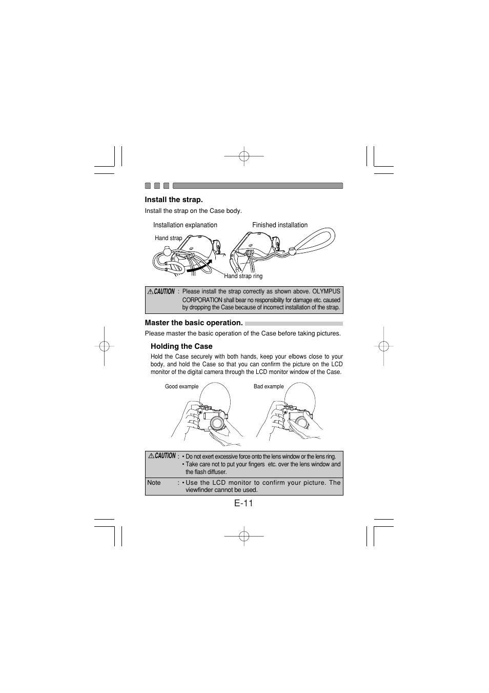 Install the strap, Master the basic operation, Holding the case | E-11 | Olympus PT-024 User Manual | Page 12 / 37