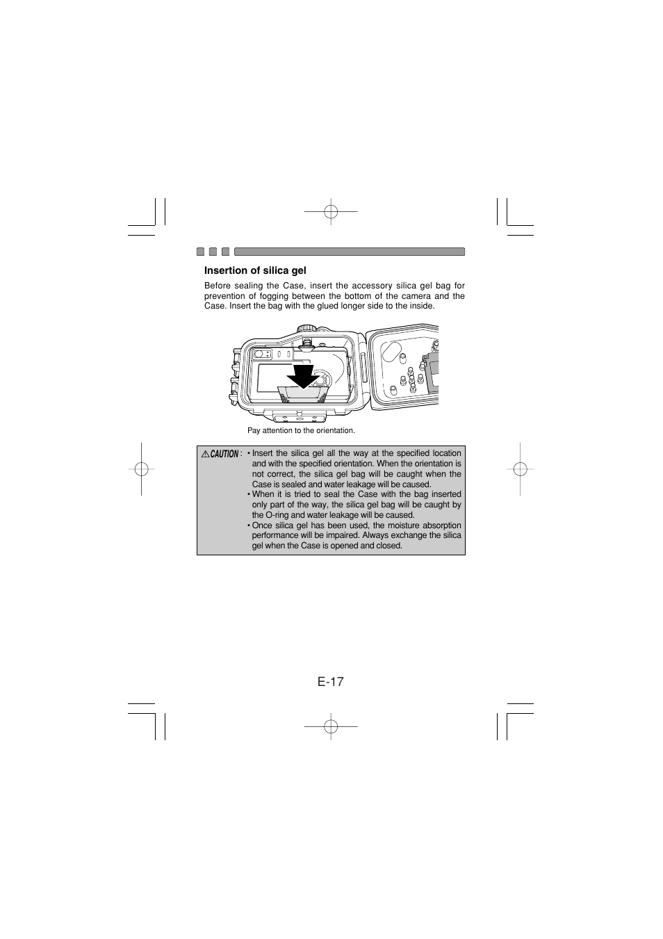 Insertion of silica gel, E-17 | Olympus PT-024 User Manual | Page 18 / 37