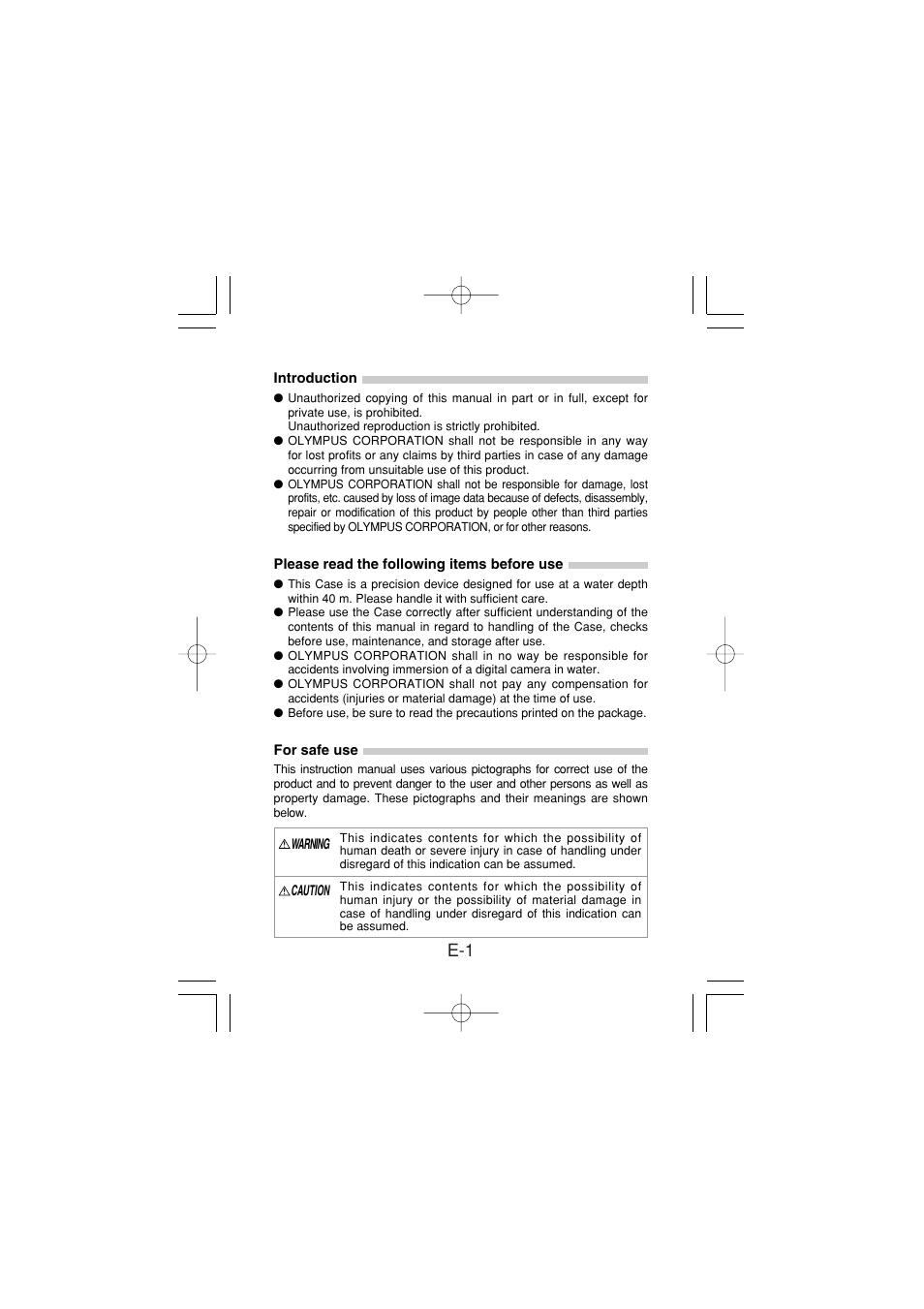 Introduction, Please read the following items before use, For safe use | Olympus PT-024 User Manual | Page 2 / 37