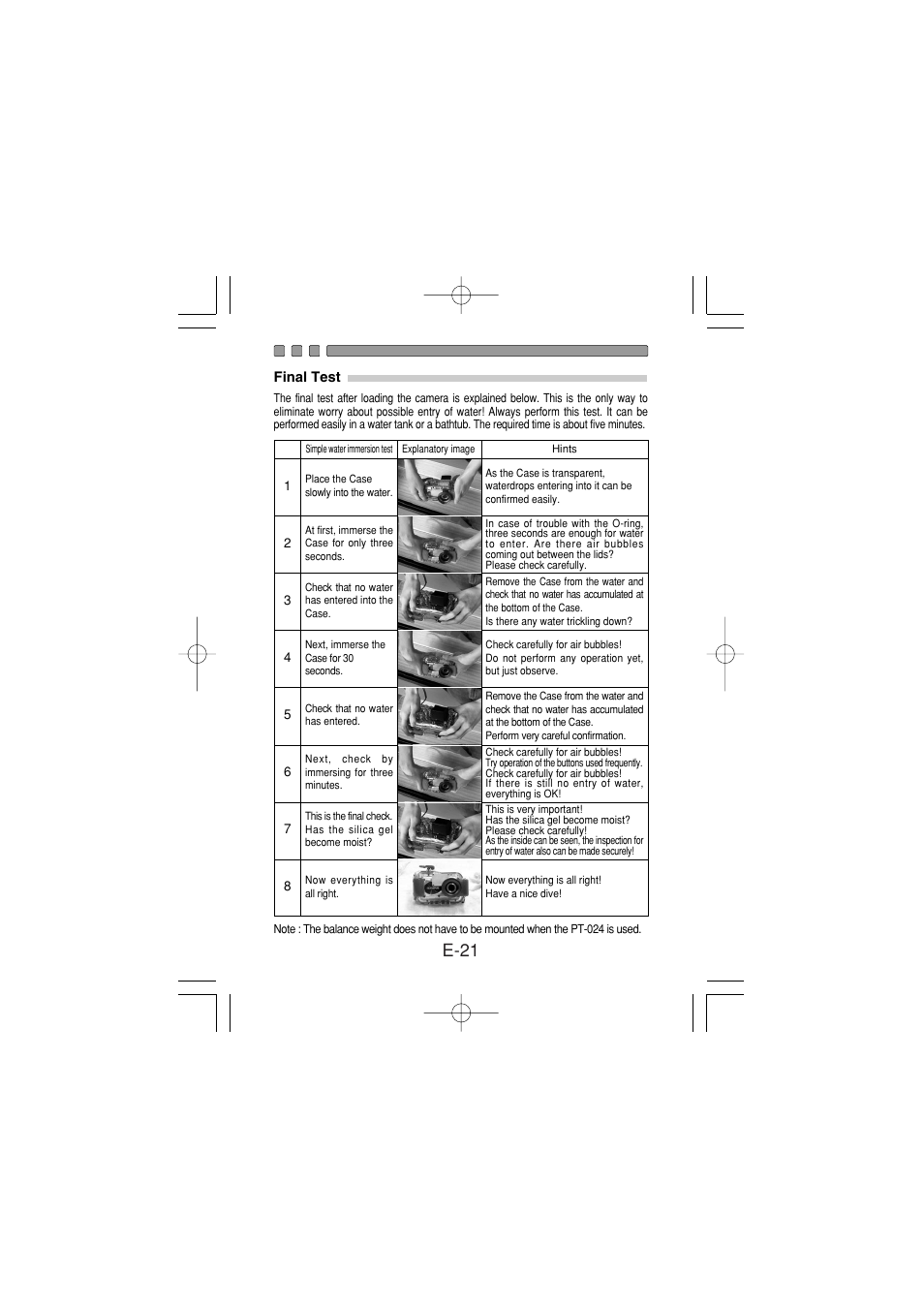 Final test, E-21 | Olympus PT-024 User Manual | Page 22 / 37