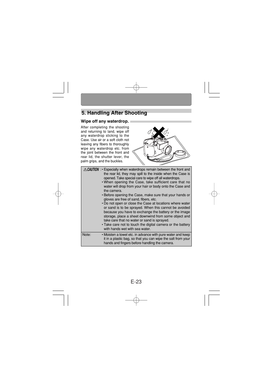 Handling after shooting, Wipe off any waterdrop, E-23 5. handling after shooting | Olympus PT-024 User Manual | Page 24 / 37