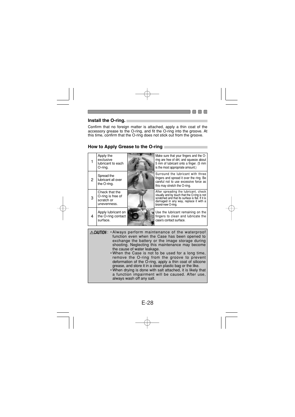 Install the o-ring, How to apply grease to the o-ring, E-28 | Olympus PT-024 User Manual | Page 29 / 37