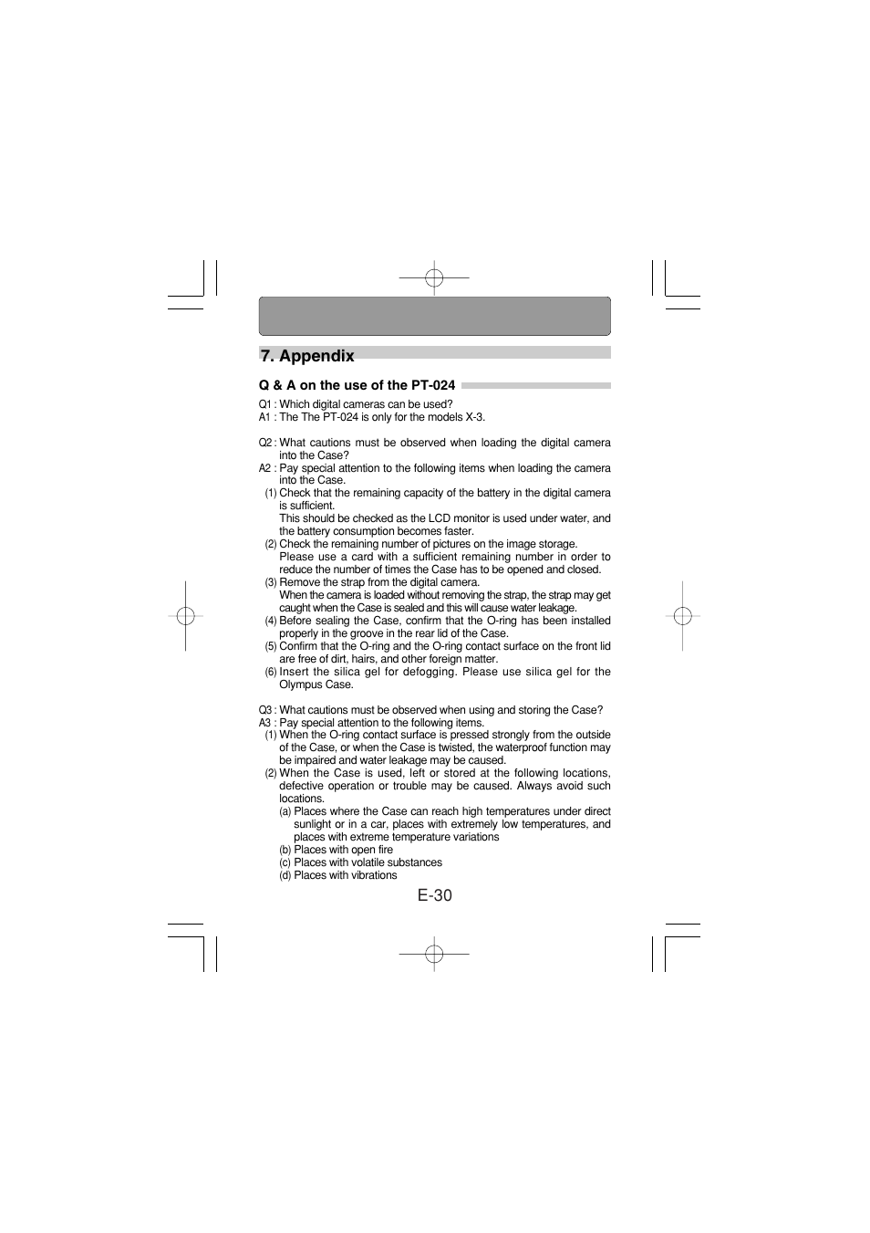 Appendix, Q & a on the use of the pt-024, E-30 7. appendix | Olympus PT-024 User Manual | Page 31 / 37