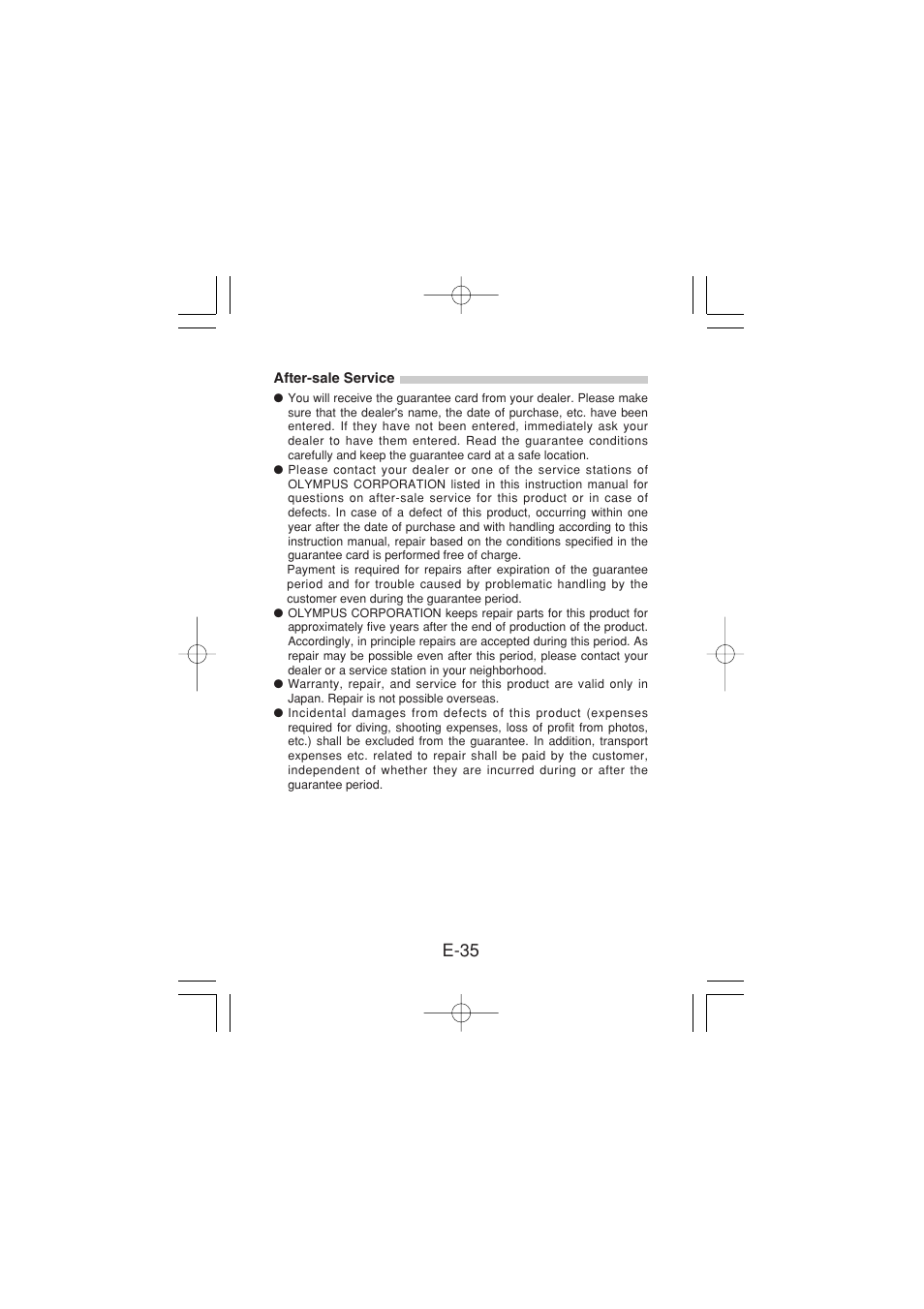 After-sale service, E-35 | Olympus PT-024 User Manual | Page 36 / 37