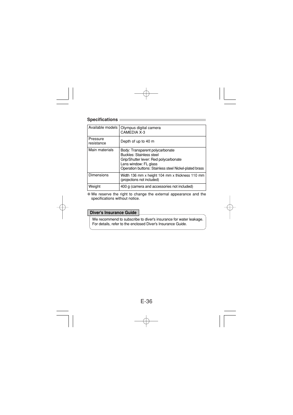 Specifications, Diver's insurance guide, E-36 | Olympus PT-024 User Manual | Page 37 / 37