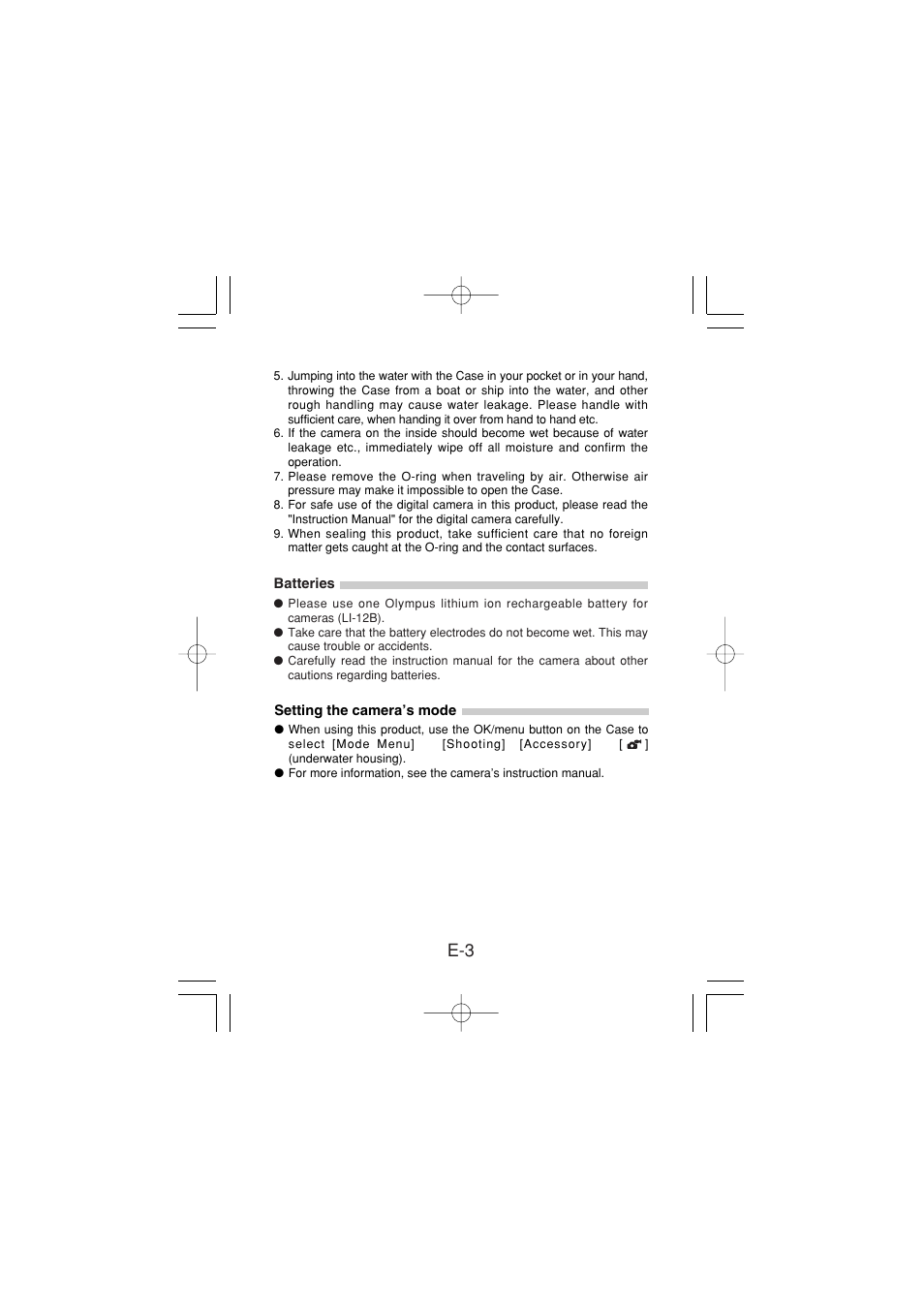 Batteries, Setting the camera’s mode | Olympus PT-024 User Manual | Page 4 / 37
