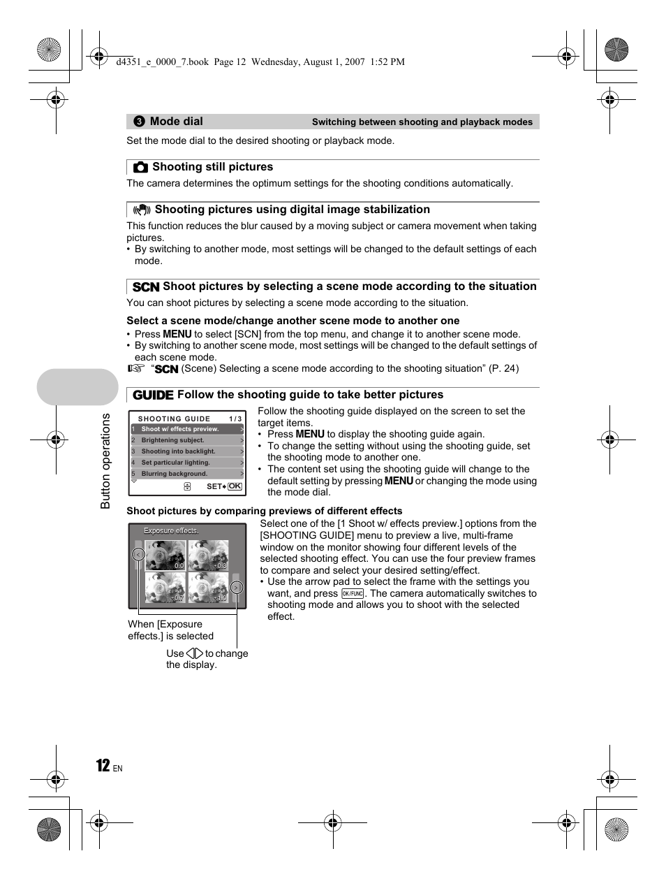 Button operations, Mode dial | Olympus STYLUS 1200 User Manual | Page 12 / 84