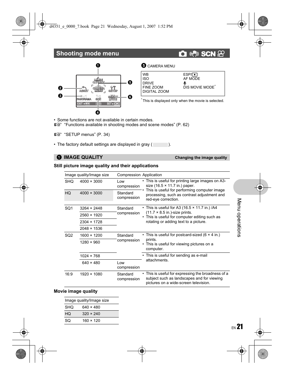 Menu operations, Image quality | Olympus STYLUS 1200 User Manual | Page 21 / 84