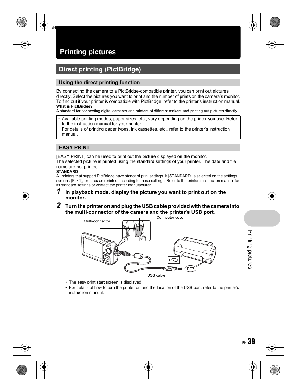 Printing pictures, Direct printing (pictbridge) | Olympus STYLUS 1200 User Manual | Page 39 / 84